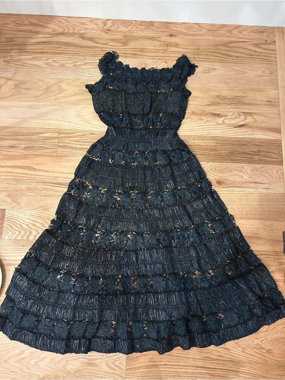 Vintage Black Sheer Floral Lace Midi Dress with Smocked Bodice Intricate